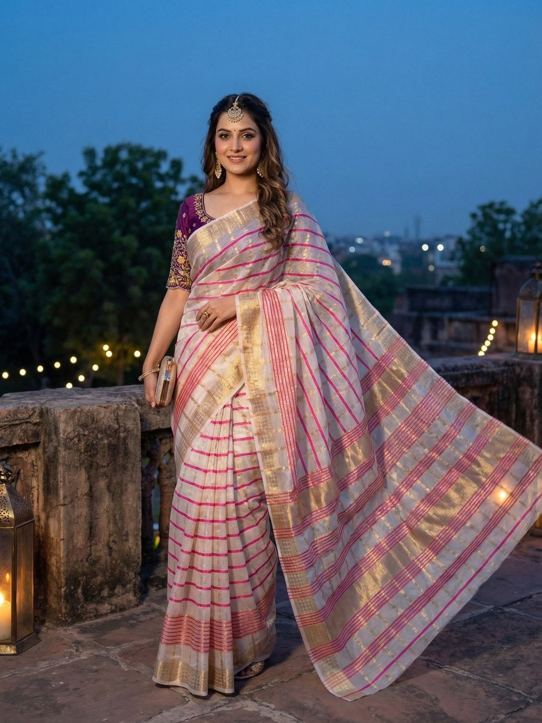 Off White Zari Woven Tissue Saree with Smooth Fabric Fall and Detailed Woven Pattern - Image 1