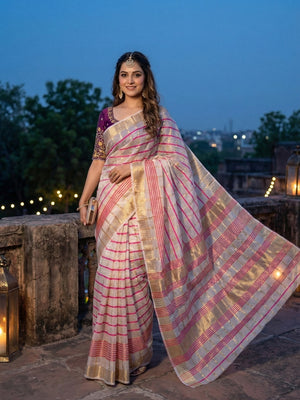 Off White Zari Woven Tissue Saree with Smooth Fabric Fall and Detailed Woven Pattern - Image 1