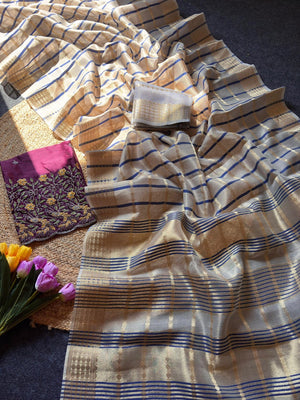 Beige Zari Woven Tissue Saree with Smooth Fabric Fall and Detailed Woven Pattern - Image 2