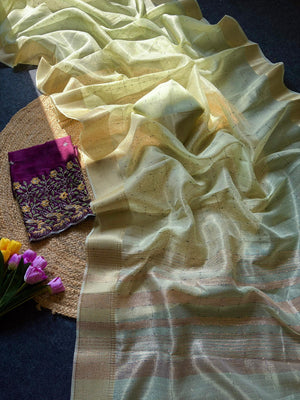 Green Zari Work Woven Tissue Crush Saree with Soft Crushed Texture and Detailed Zari Work - Image 2
