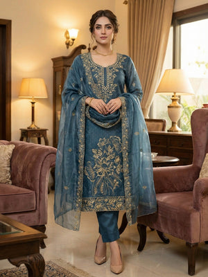 Sophisticated Blue Floral Embroidered Organza Dress Material With Fine Swarovski Accents - Image 2