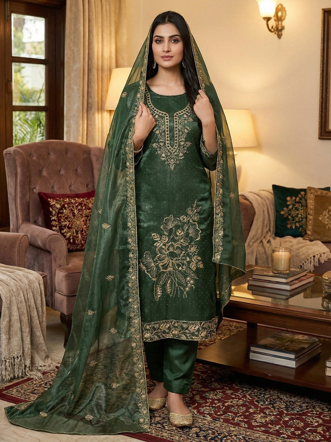 Sophisticated Green Floral Embroidered Organza Dress Material With Fine Swarovski Accents - Image 2