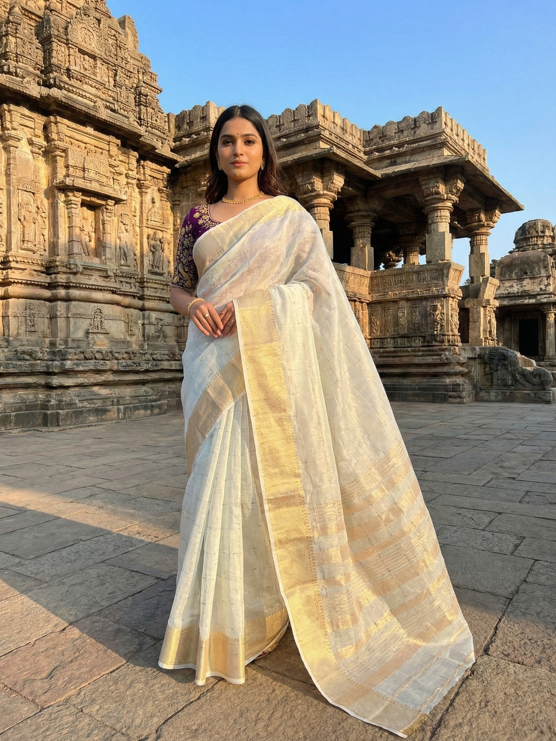 White Zari Work Woven Tissue Crush Saree with Soft Crushed Texture and Detailed Zari Work - Image 1