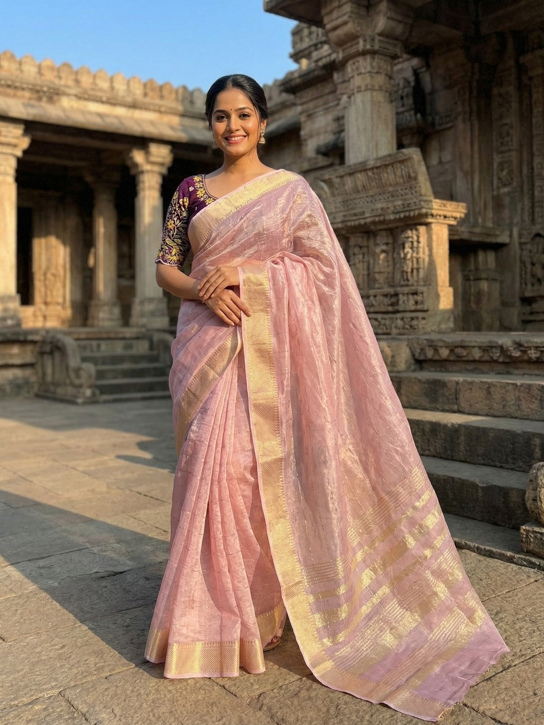 Pink Zari Work Woven Tissue Crush Saree with Soft Crushed Texture and Detailed Zari Work - Image 1