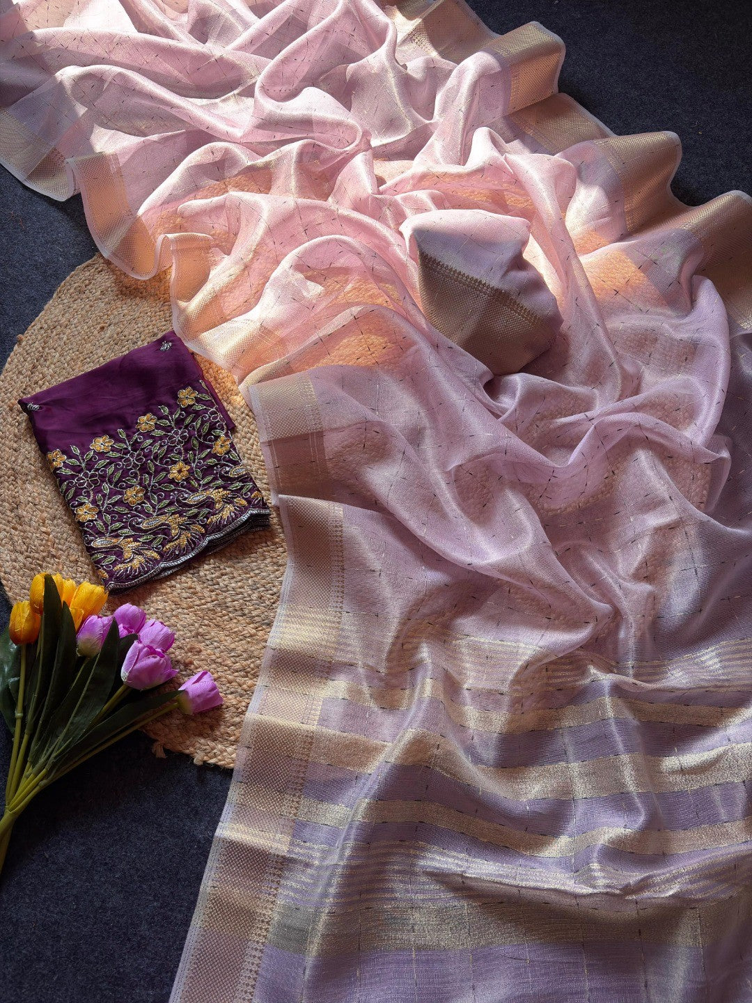 Pink Zari Work Woven Tissue Crush Saree with Soft Crushed Texture and Detailed Zari Work - Image 2