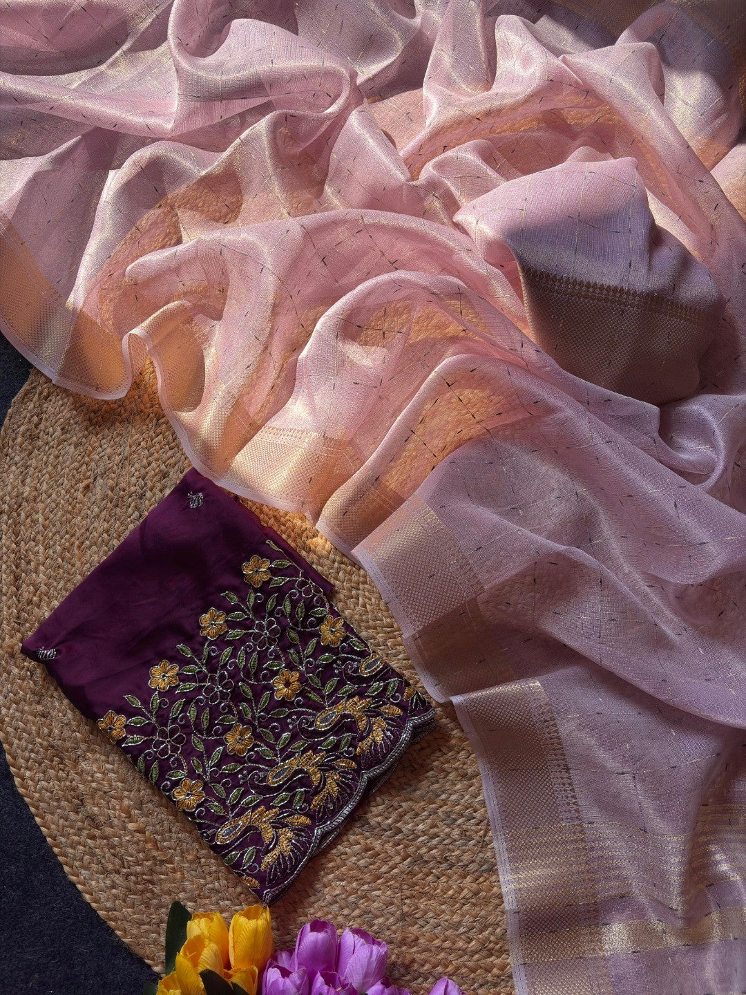 Pink Zari Work Woven Tissue Crush Saree with Soft Crushed Texture and Detailed Zari Work - Image 3