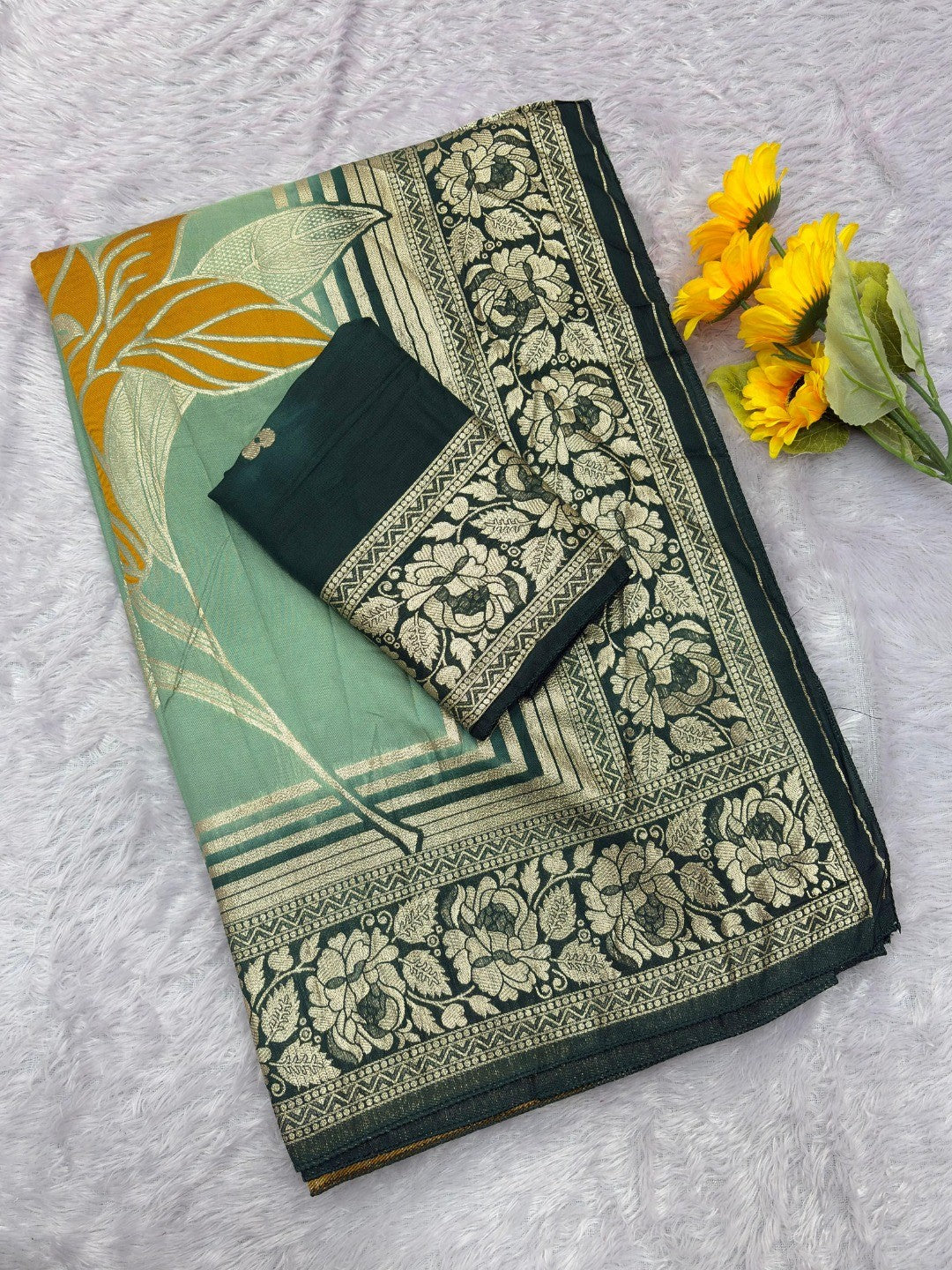 Sea Green Muslin Saree with Floral Zari Weaving Work and Intricate Woven Detailing - Image 2