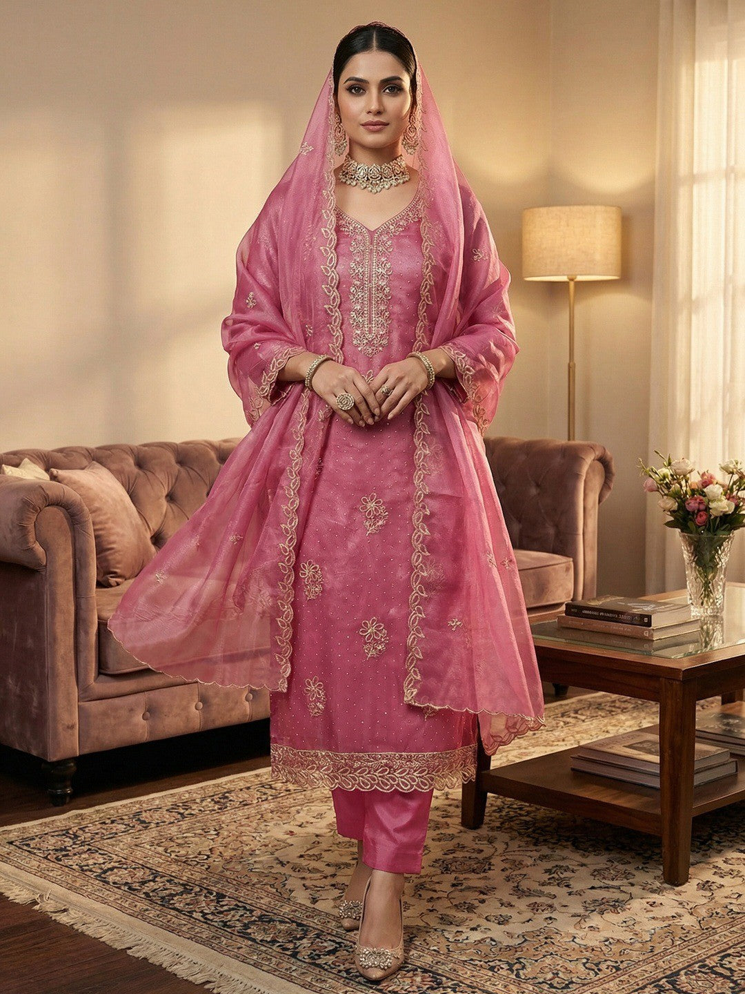 Timeless Pink Floral Embroidered Organza Dress Material With Luxurious Swarovski Work - Image 1