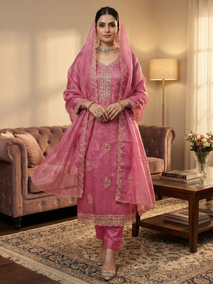 Timeless Pink Floral Embroidered Organza Dress Material With Luxurious Swarovski Work - Image 1