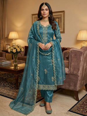 Timeless Teal Blue Floral Embroidered Organza Dress Material With Luxurious Swarovski Work - Image 2