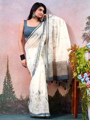 Premium White Floral Digital Print Chanderi Cotton Saree Finished With Tassels Pallu - Image 1