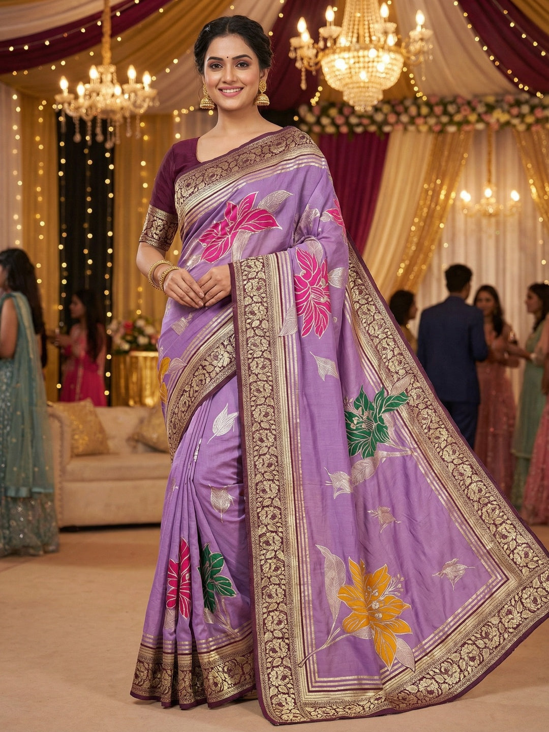 Lavender Muslin Saree with Floral Zari Weaving Work and Intricate Woven Detailing - Image 1