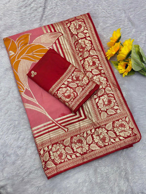 Peach Muslin Saree with Floral Zari Weaving Work and Intricate Woven Detailing - Image 2