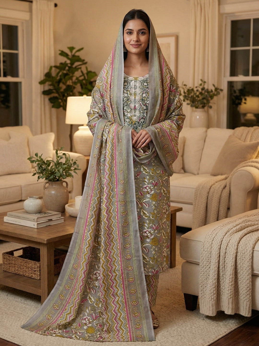 Fresh Grey Floral Printed Cotton Blend Dress Material With Elegant Sequins Embroidery Work On Neck - Image 1