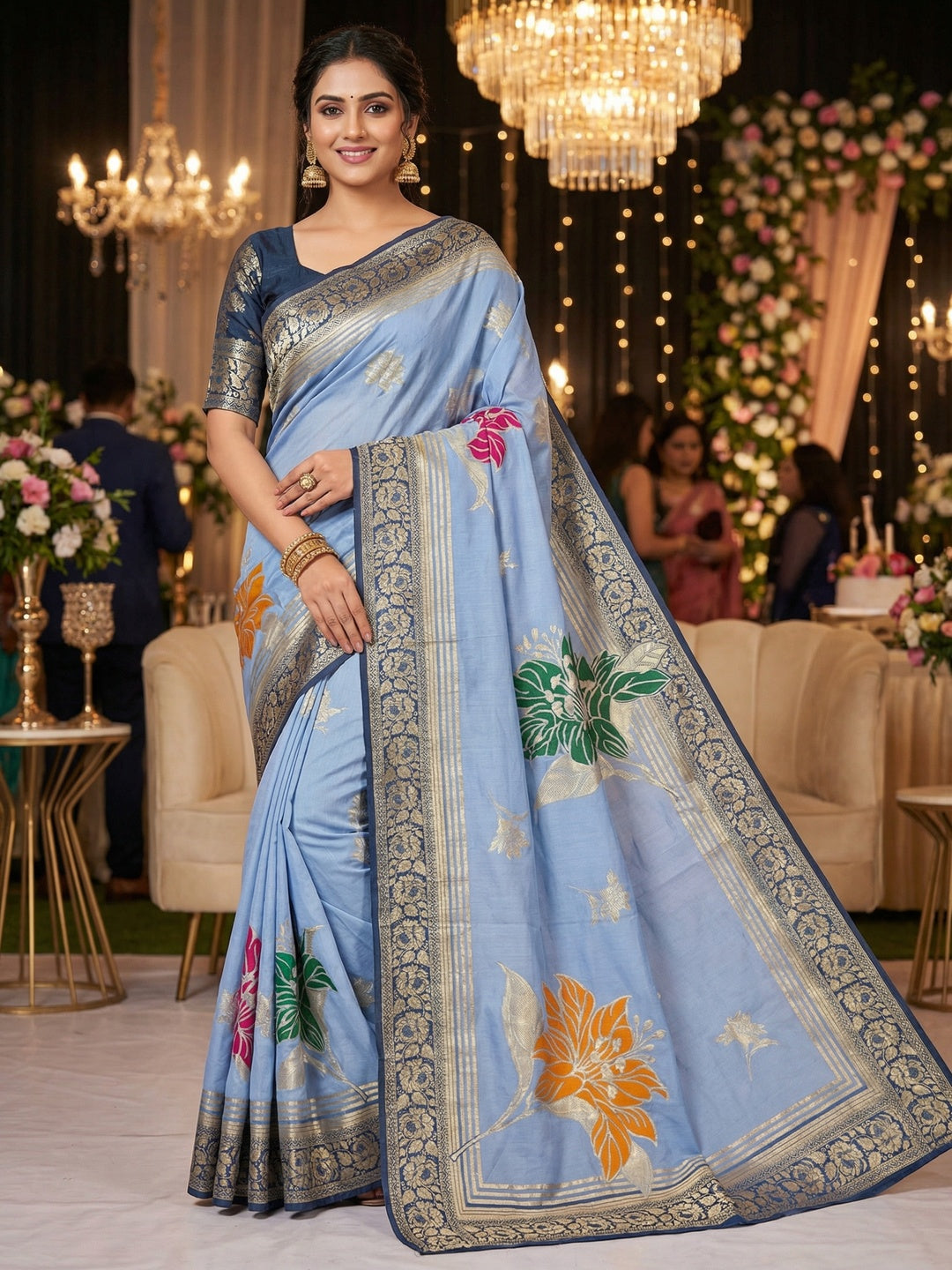 Sky Blue Muslin Saree with Floral Zari Weaving Work and Intricate Woven Detailing - Image 1