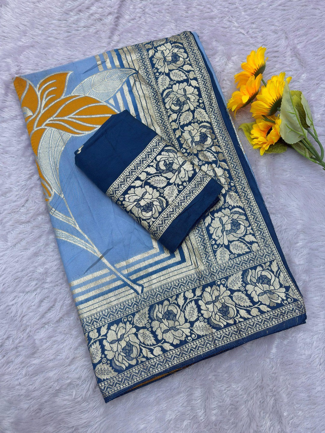Sky Blue Muslin Saree with Floral Zari Weaving Work and Intricate Woven Detailing - Image 2