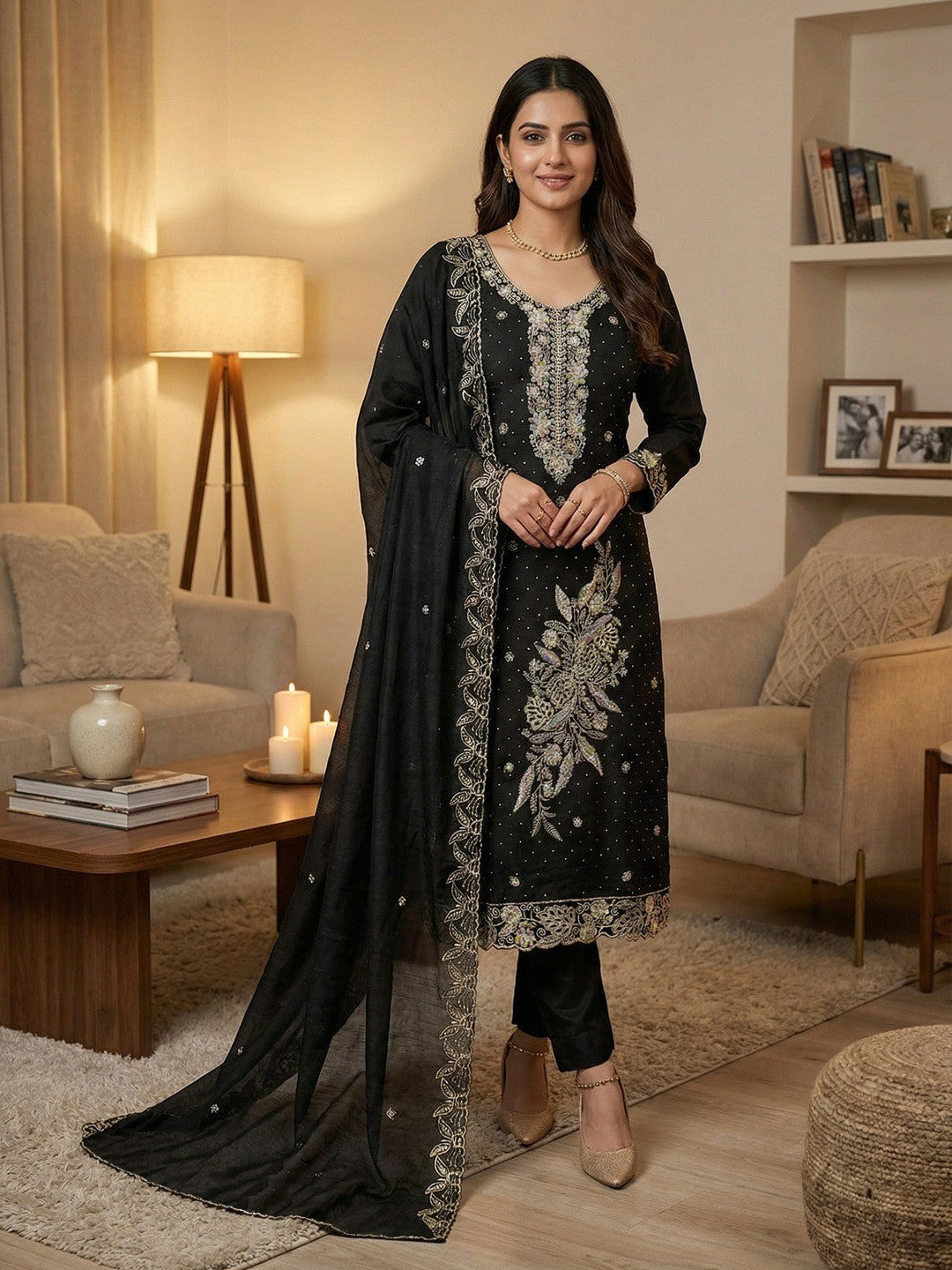 Dreamy Black Floral Embroidery Vichitra Silk Dress Material Enhanced With Swarovski Work - Image 2