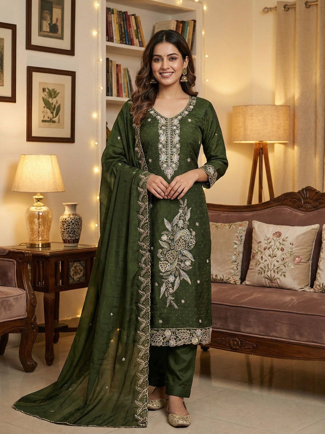 Dreamy Mehendi Green Floral Embroidery Vichitra Silk Dress Material Enhanced With Swarovski Work - Image 2