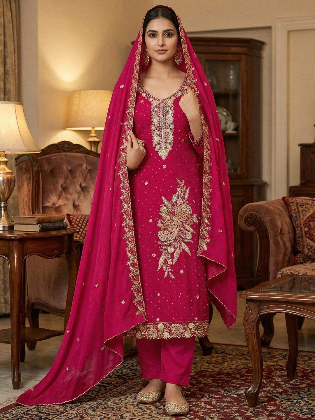 Dreamy Pink Floral Embroidery Vichitra Silk Dress Material Enhanced With Swarovski Work - Image 2