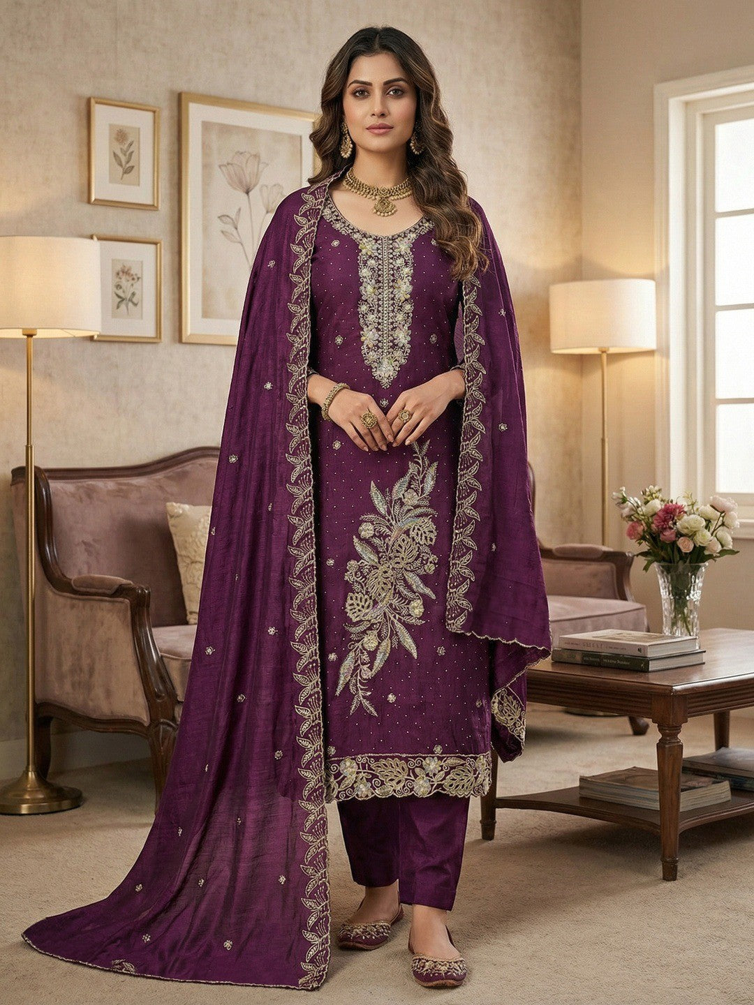 Dreamy Purple Floral Embroidery Vichitra Silk Dress Material Enhanced With Swarovski Work - Image 1