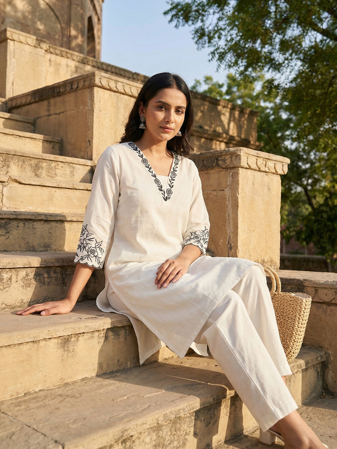 White Pure Cotton Top Bottom Set with Embroidery and Clean Elegant Styling - Image 3