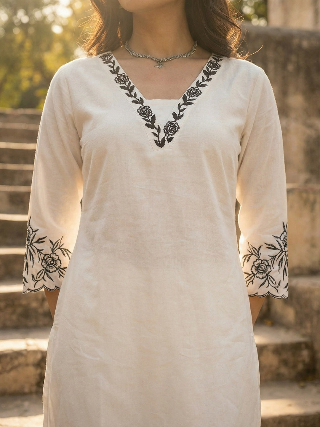 White Pure Cotton Top Bottom Set with Embroidery and Clean Elegant Styling - Image 2
