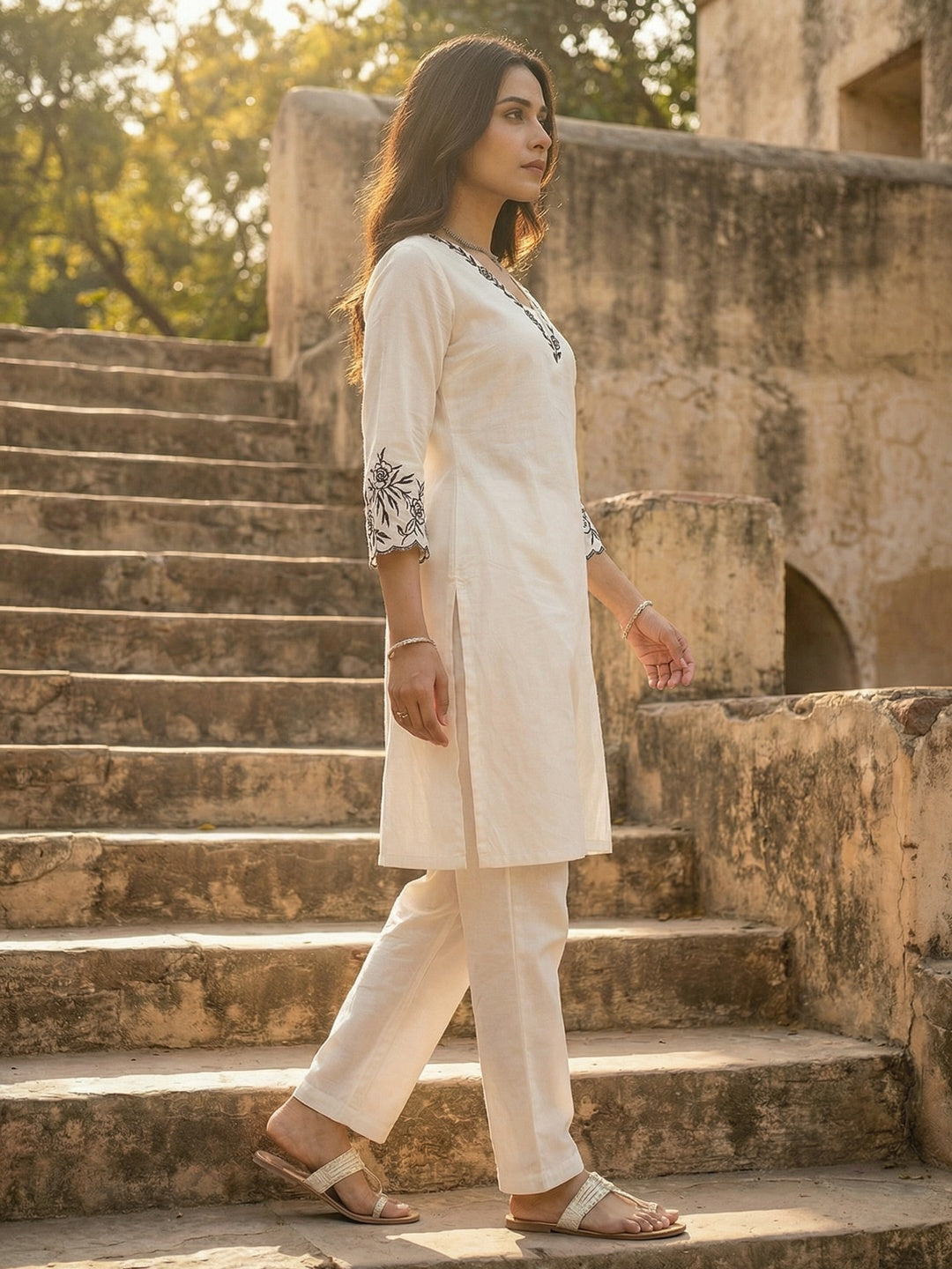White Pure Cotton Top Bottom Set with Embroidery and Clean Elegant Styling - Image 4