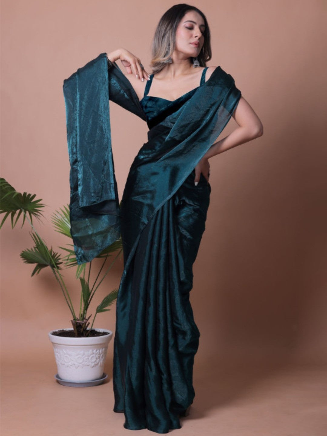 Teal Solid Chiffon Saree Perfect for Parties & Festive Occasions - Image 1