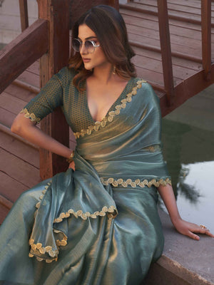 Sea Green Chiffon Saree with Flowing Drapes and a Delicate Handwoven Golden Zari Border - Image 2