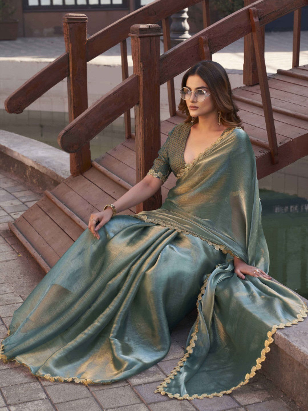 Sea Green Chiffon Saree with Flowing Drapes and a Delicate Handwoven Golden Zari Border - Image 5