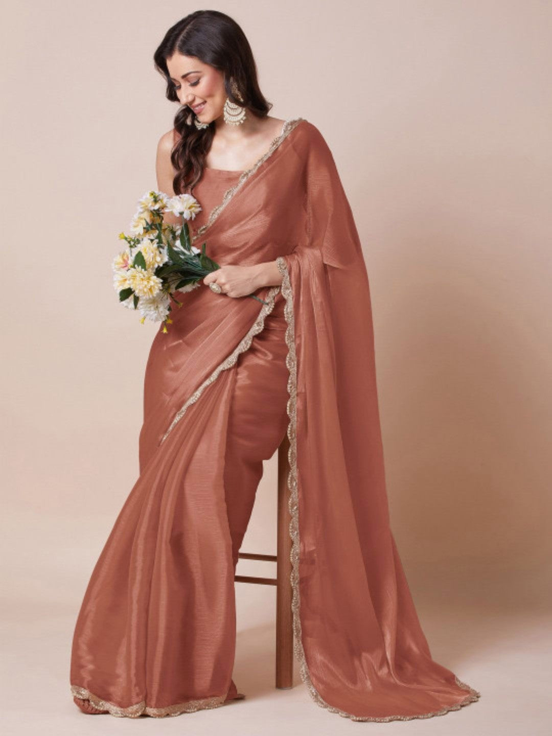 Elegant Rust Solid Art Silk Saree with Delicate Lace Border - Image 4