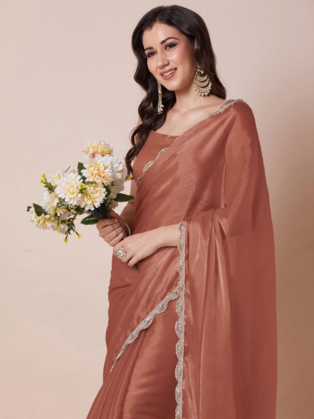 Elegant Rust Solid Art Silk Saree with Delicate Lace Border - Image 2