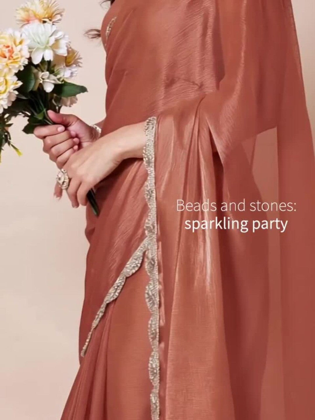 Elegant Rust Solid Art Silk Saree with Delicate Lace Border - Image 3
