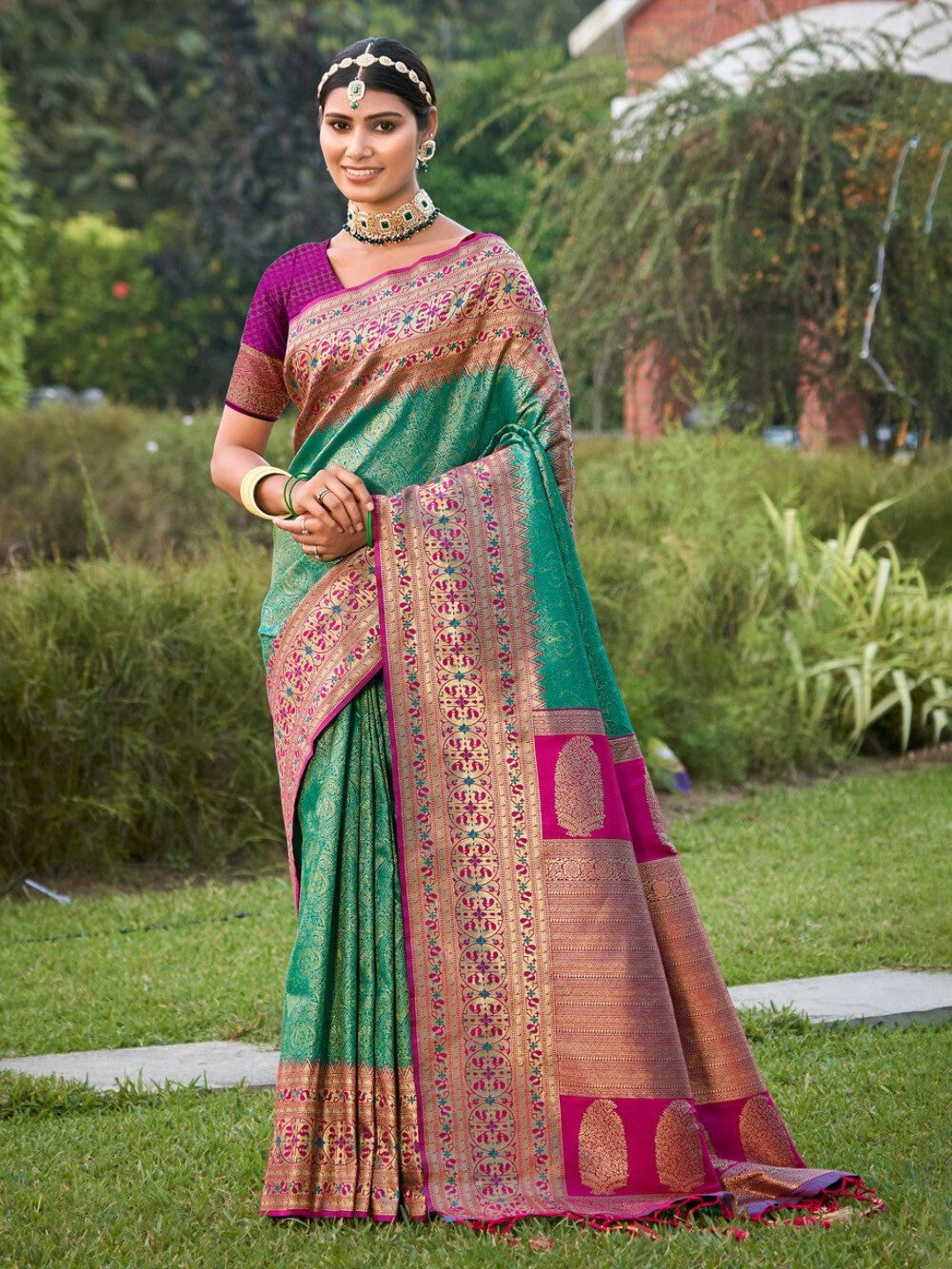 Luxurious Rama Green Banarasi Silk Saree Highlighted With Intricate Zari Weaving & Tassel Pallu - Image 1