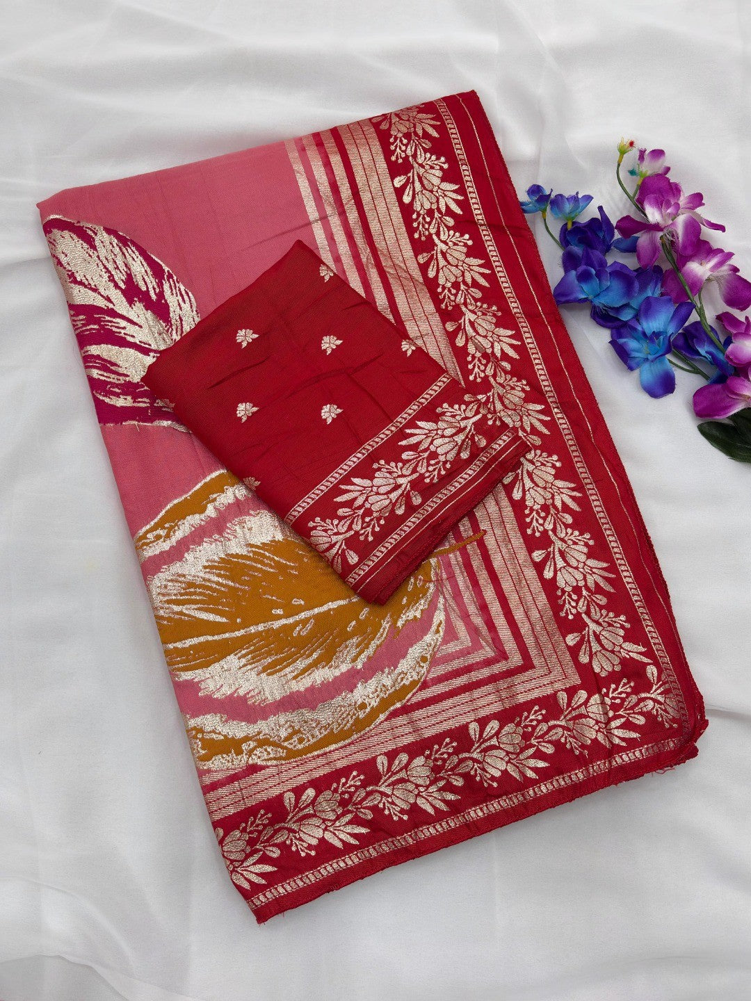 Elegant Peach Muslin Saree with Floral Print and Zari Border - Image 2