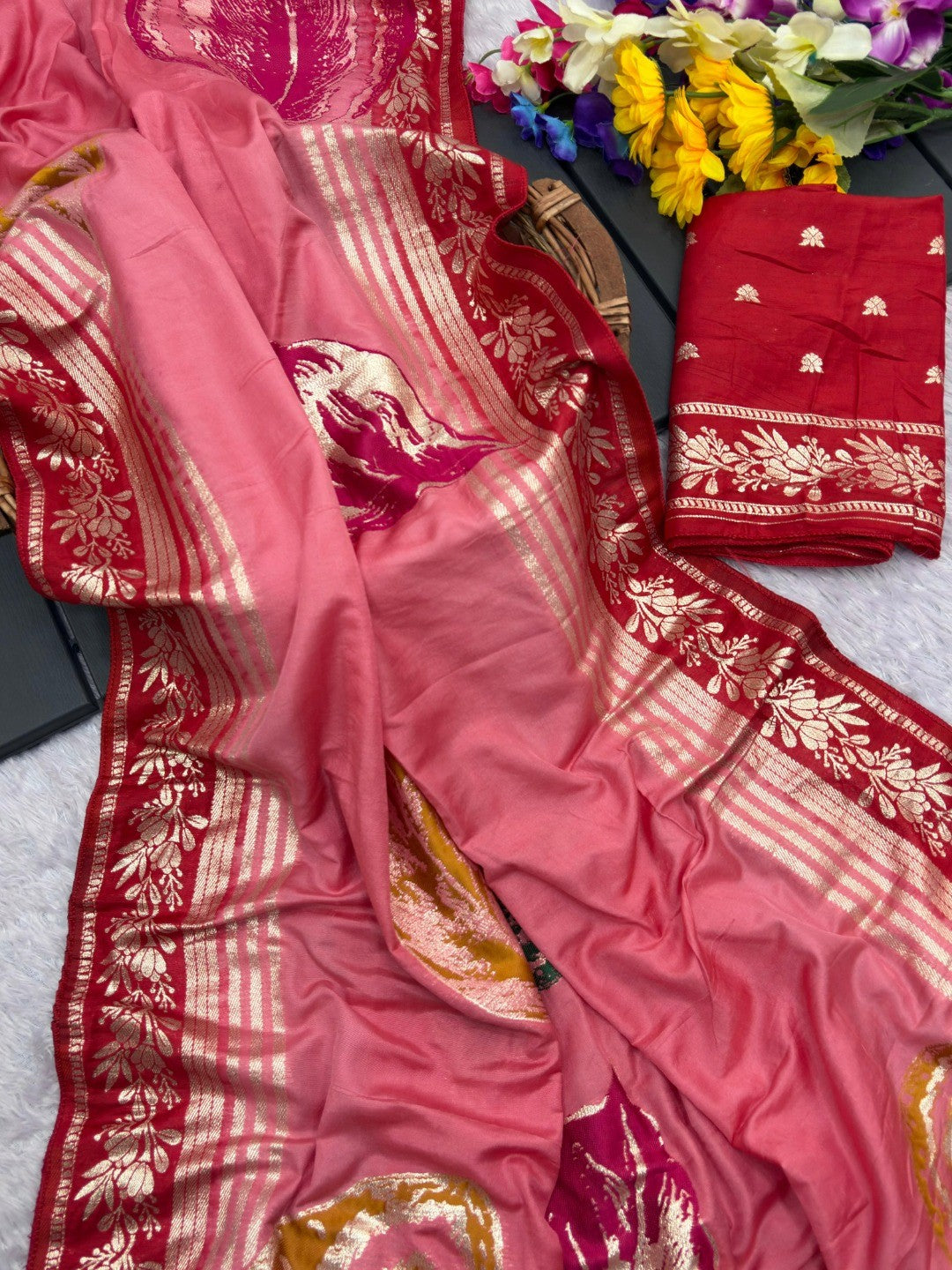 Elegant Peach Muslin Saree with Floral Print and Zari Border - Image 2