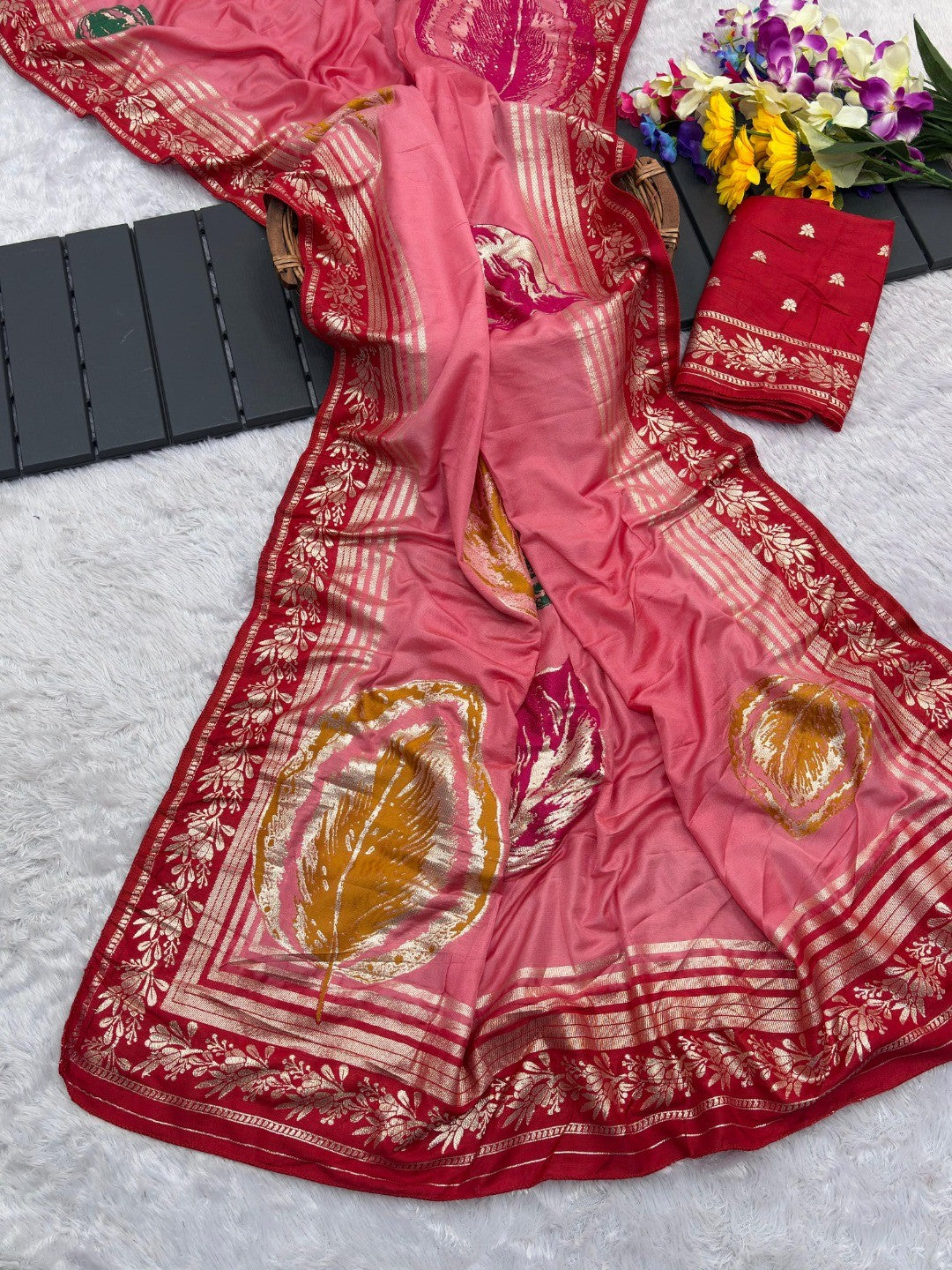Elegant Peach Muslin Saree with Floral Print and Zari Border - Image 5