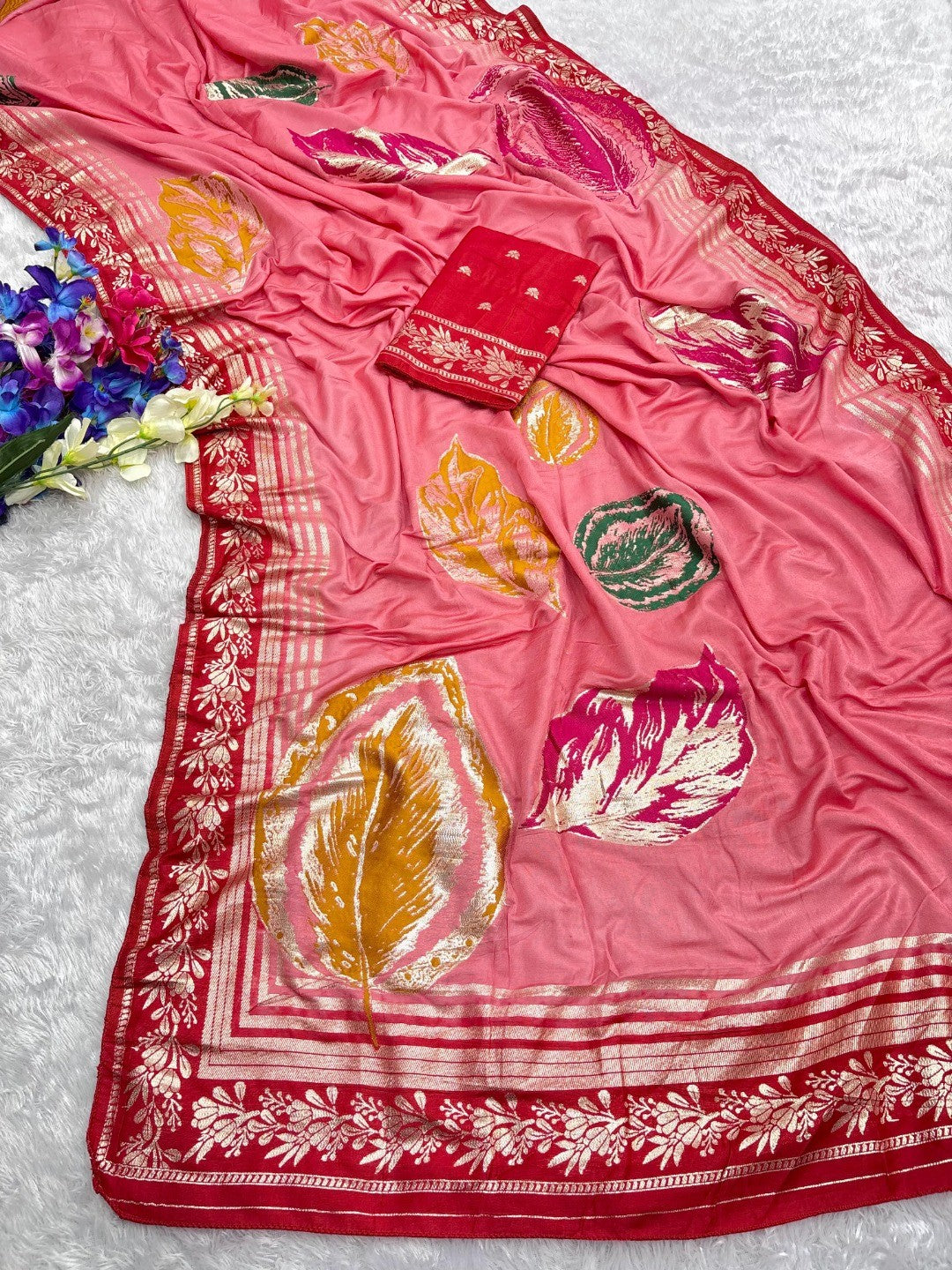 Elegant Peach Muslin Saree with Floral Print and Zari Border - Image 3