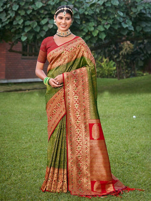Luxurious Mehendi Green Banarasi Silk Saree Highlighted With Intricate Zari Weaving & Tassel Pallu - Image 1