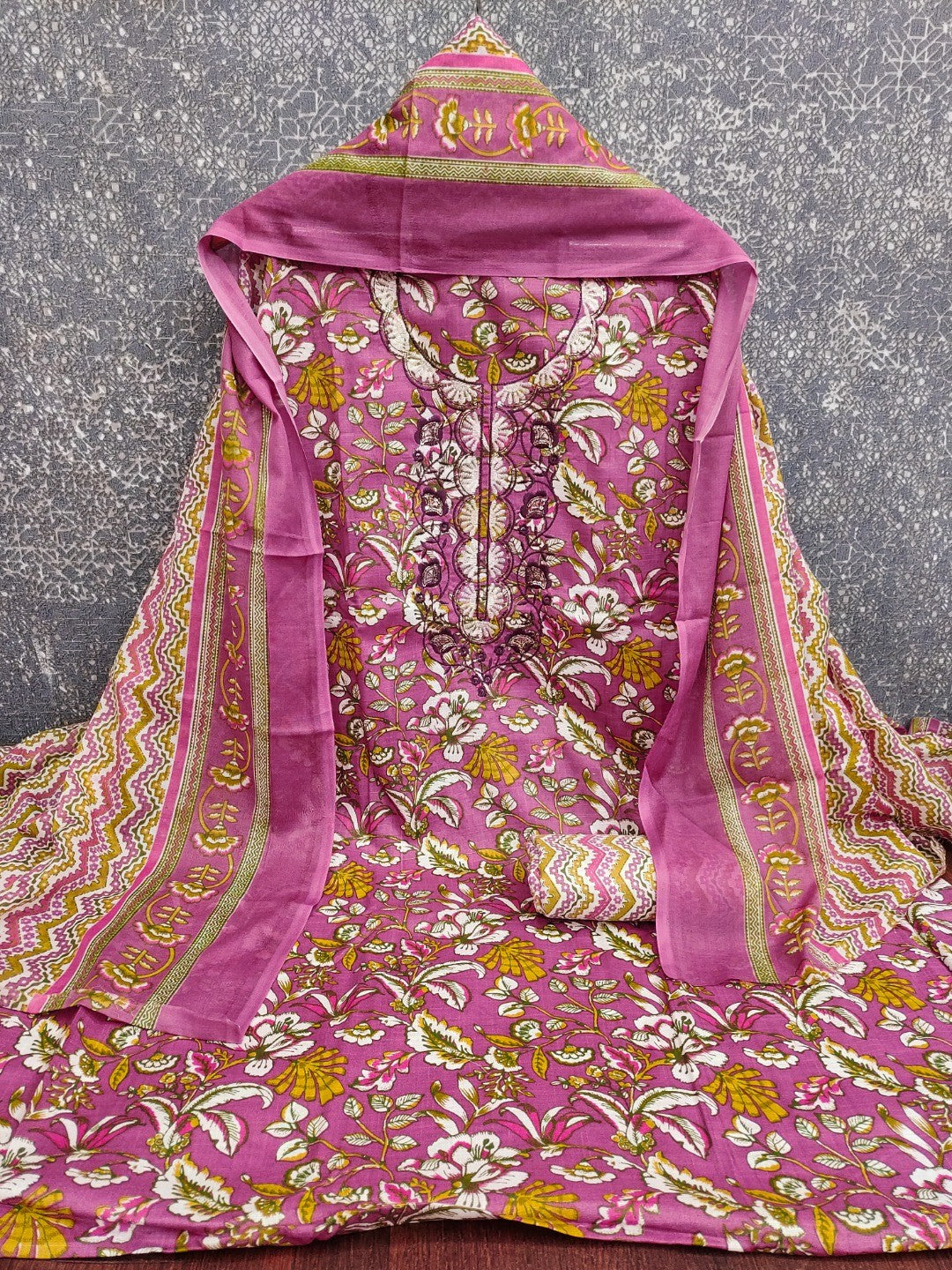 Fresh Pink Floral Printed Cotton Blend Dress Material With Elegant Sequins Embroidery Work On Neck - Image 2