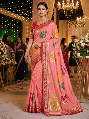 Elegant Peach Muslin Saree with Floral Print and Zari Border - Image 1