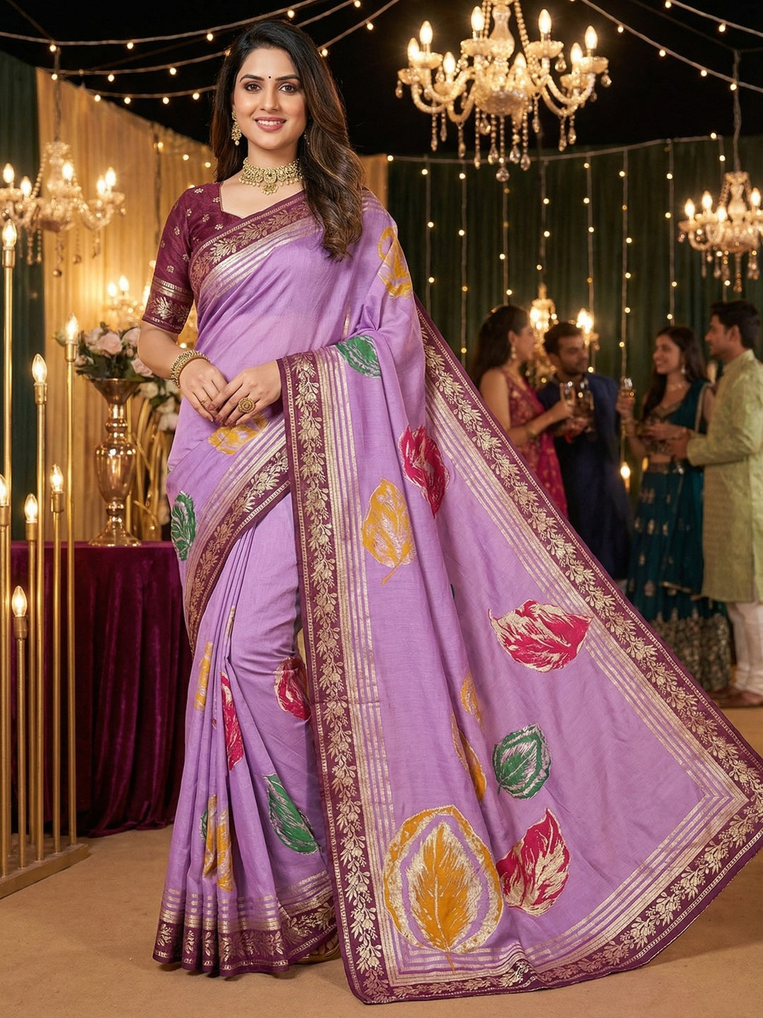 Elegant Lavender Muslin Saree with Floral Print and Zari Border - Image 1