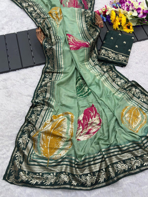 Elegant Sea Green Muslin Saree with Floral Print and Zari Border - Image 2