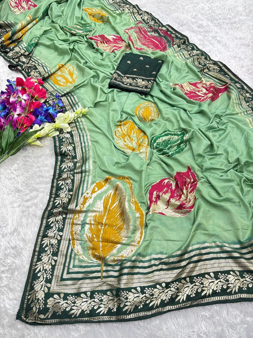 Elegant Sea Green Muslin Saree with Floral Print and Zari Border - Image 2