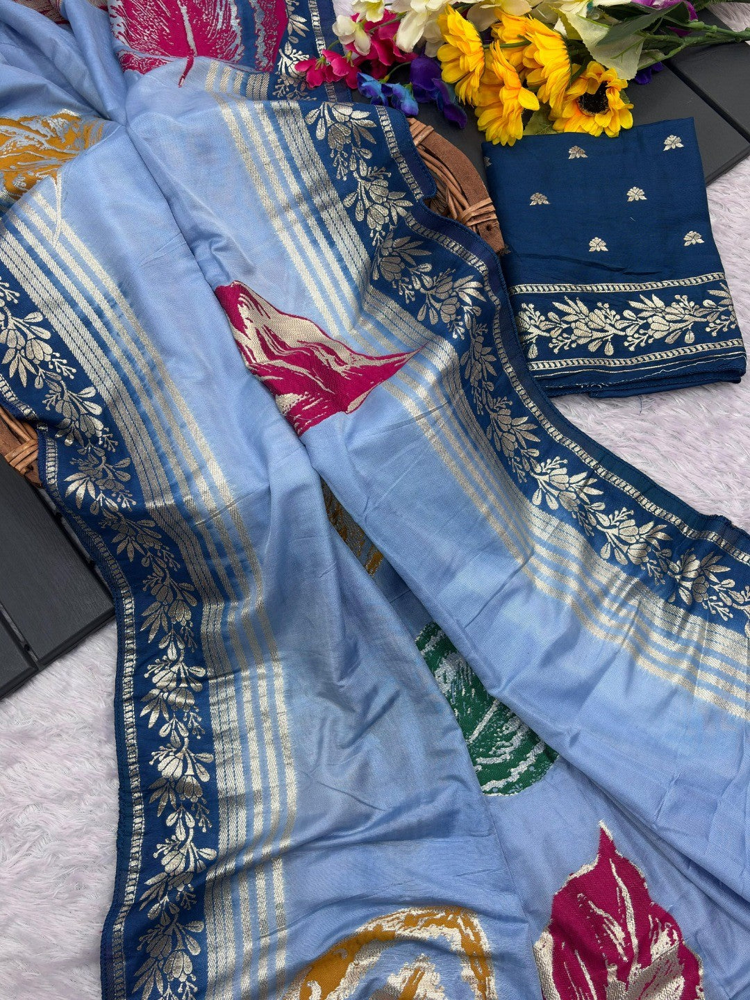 Elegant Sky Blue Muslin Saree with Floral Print and Zari Border - Image 3