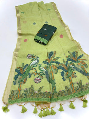 Green Soft Cotton Silk Saree Featuring Delicate Floral Weaving - Image 2