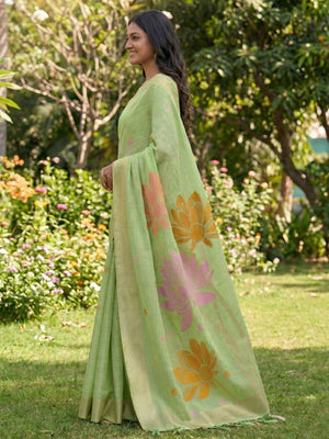 Refreshing Green Linen Cotton Saree Highlighted With Delicate Floral Weaving & Tassel Pallu - Image 2