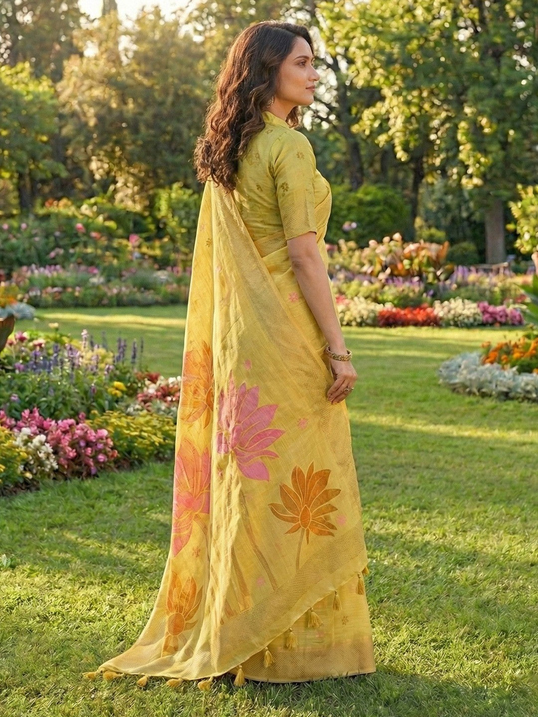 Refreshing Yellow Linen Cotton Saree Highlighted With Delicate Floral Weaving & Tassel Pallu - Image 2