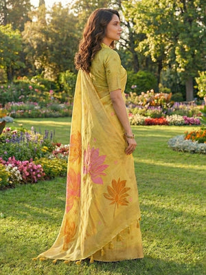 Refreshing Yellow Linen Cotton Saree Highlighted With Delicate Floral Weaving & Tassel Pallu - Image 2