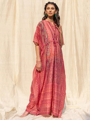 Pink Casual Wear Floral Digtial Printed Silk Kaftan Kurti - Image 1